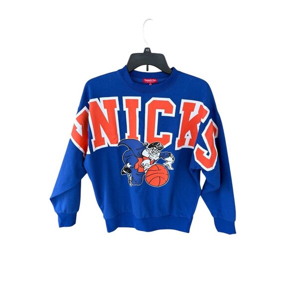 Mitchell & Ness Womens Knicks Hardwood Classics Blue Crewneck Sweatshirt NBA Gra - Picture 2 of 7